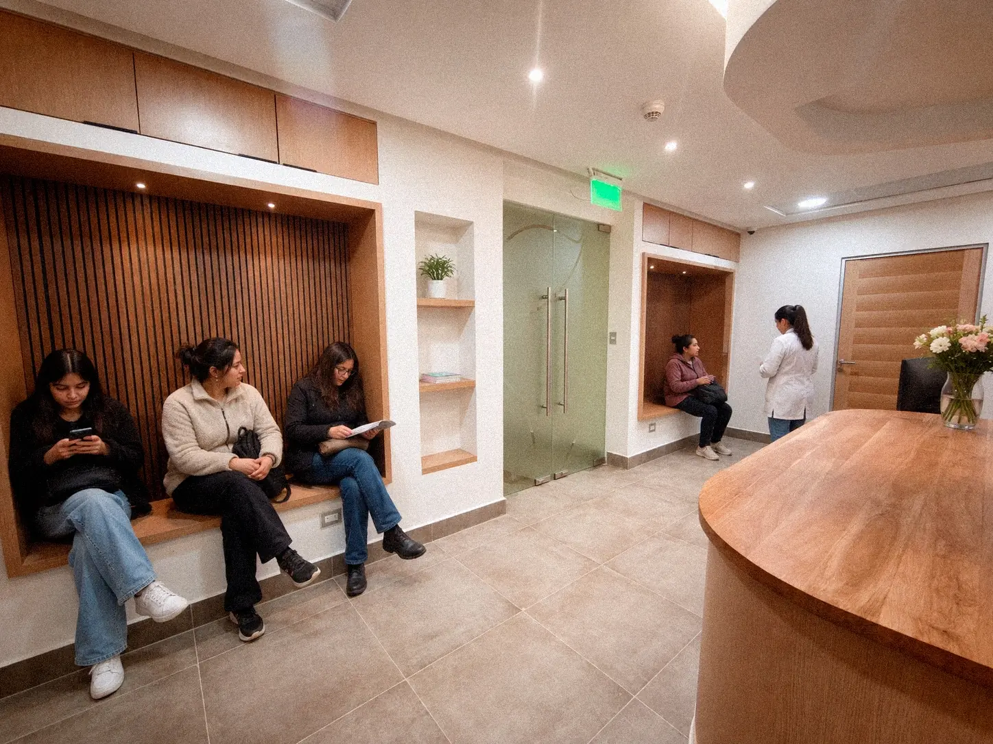 Sala de espera y recepción de una clínica entregada, con pacientes sentados esperando su atención y el mesón de recepción al fondo