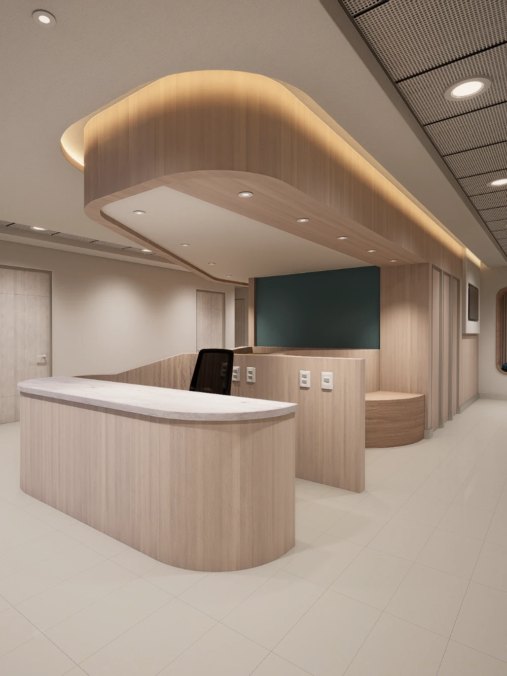 Render 3D de la recepción de una clínica, mesón curvo de madera con cielo retroiluminado